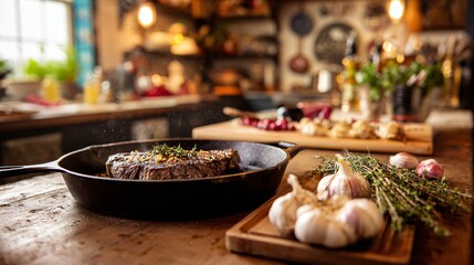 Fototapeta premium A cozy kitchen scene with steak resting in a cast iron pan next to garlic and herbs on a wooden countertop under warm lighting
