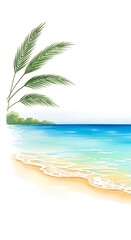 Obraz premium Tropical Palm Fronds Over Turquoise Beach Shore in Watercolor Seascape