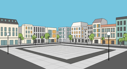 Stylized City Square with Modern Buildings and Trees Under a Blue Sky © Sarwanto1122