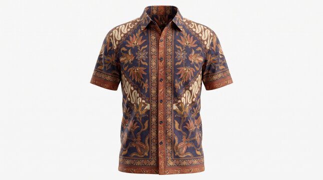 Realistic 3D button-up shirt mockup featuring a traditional Indonesian batik pattern in rich earthy tones, perfect for fashion or cultural presentations
