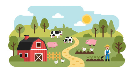 Farm life illustration: farmer tending crops, cows, pigs, chickens, barn, sunny day © Sarwanto1122
