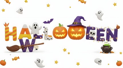 Fototapeta premium 3d halloween lettering with pumpkins ghosts and candy isolated on white background