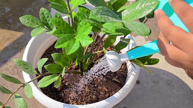 Watering ZZ Plant (Zamioculcas zamiifolia) Houseplant in a Pot