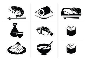 A collection of black and white featuring various japanese sushi dishes, rolls, and traditional sake drinks © Khalek