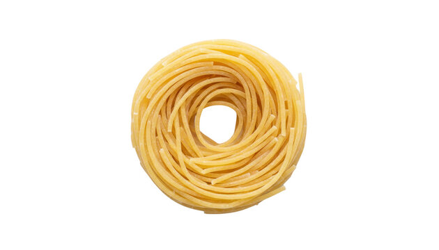 Italian spaghetti pasta nest, dry yellow semolina noodles in circular shape, uncooked long pasta swirl for gourmet cooking and culinary design isolated PNG with Transparent Background