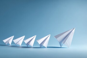 Naklejka premium Aligned paper planes with a lone plane turning away, conveying growth, change, and breaking new ground