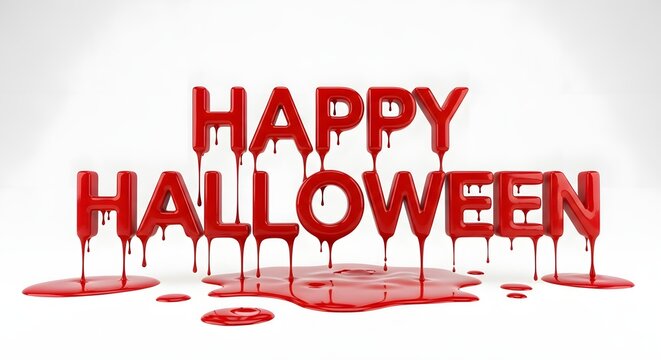 Happy halloween 3d text with red liquid dripping effect isolated on white background