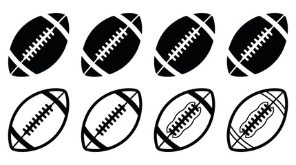 Fototapeta premium Collection of eight distinct American football representations, featuring both solid black silhouettes and outlined glyphs, showcasing various textures and patterns of the iconic sporting