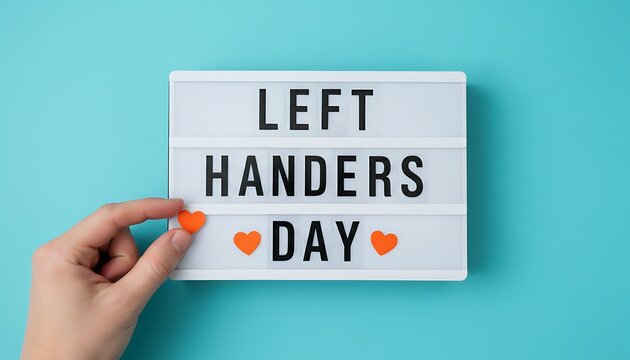 Hand placing heart on illuminated lightbox displaying Left Handers Day message