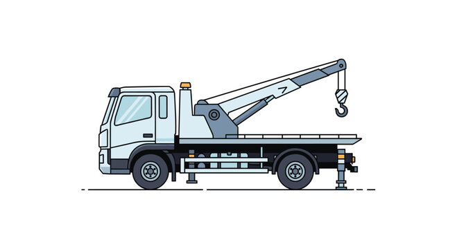 Functional white tow truck equipped with a hydraulic crane and hook for vehicle recovery and roadside assistance services.