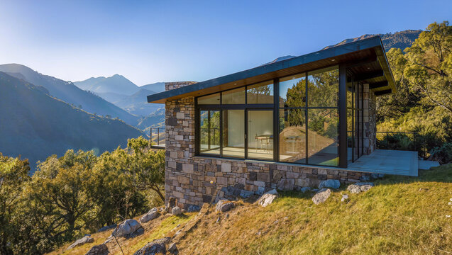Modern Stone Mountain Cabin with Panoramic Window Views at Sunrise