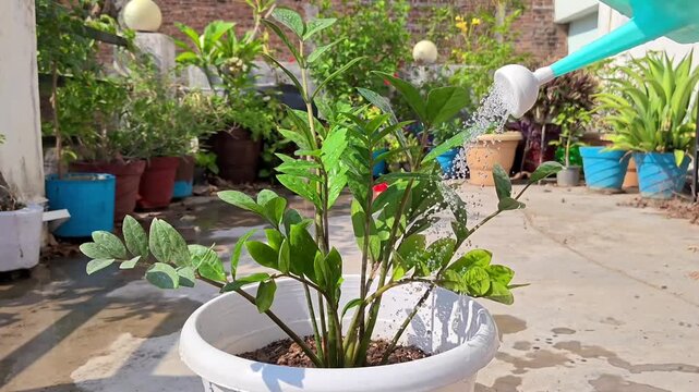 Watering ZZ Plant (Zamioculcas zamiifolia) Houseplant in a Pot