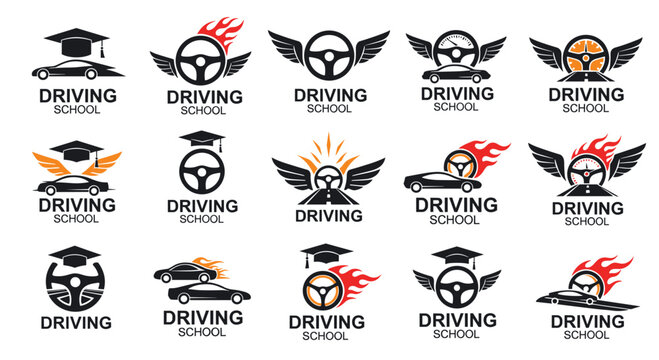 Professional driving school logo collection featuring steering wheels wings graduation caps and dynamic flame elements.