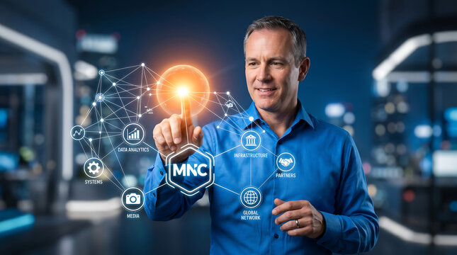 MNC multinational corporation business concept, businessman interacting with global network digital interface, futuristic data analytics and technology visualization