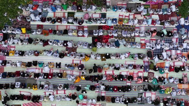 In an aerial view, crowd of people offer eid al adha prayers 