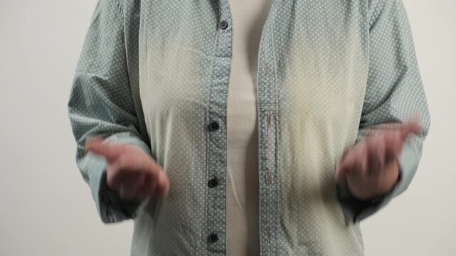 Woman with hands showing 67 six seven meme movement close-up