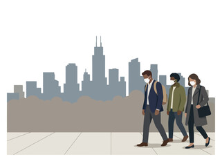 Naklejka premium Three commuters wear masks, walking through a hazy cityscape. A modern illustration depicts urban life and health awareness. Clean, graphic style.