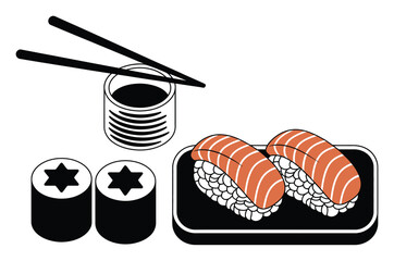 A minimalist flat featuring salmon nigiri sushi, maki rolls, soy sauce, and chopsticks on a white background © Khalek