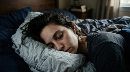 Obraz premium Woman Asleep in Bed Showing Signs of Tiredness and Exhaustion on a Pillow