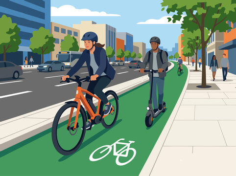 Two people cycle and scooter along a vibrant urban path. A modern city backdrop highlights sustainable transportation and active lifestyles. Bright, inviting, and commercially viable.