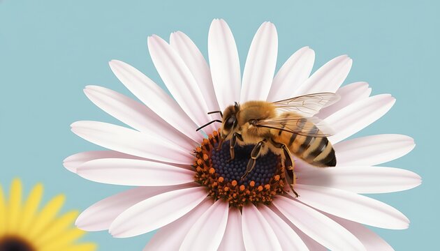 Honey bee gathering nectar on a white daisy with soft blue sky in background