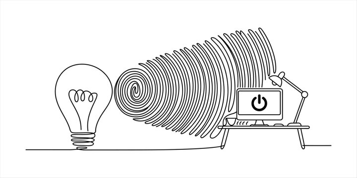 Light bulb idea connects to fingerprint and computer on desk with power button Vector, illustration