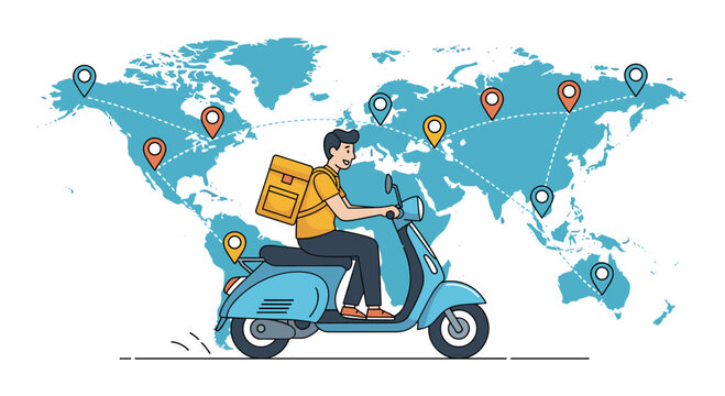 Global delivery service concept featuring a courier on a blue scooter with a world map and multiple location pins in the background.
