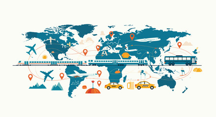 Naklejka premium World map visualization features global transportation network including flight paths and logistics icons for international travel.