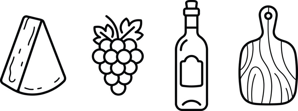 Charcuterie Icon Set Minimalist Monoline Brie Cheese Grapes Wine Bottle Serving Board Vector