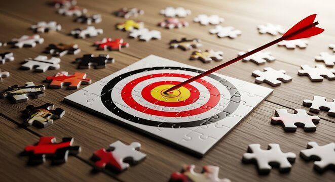 Red dart hitting the center of a colorful target on a jigsaw puzzle piece surrounded by scattered pieces on a dark wooden surface background