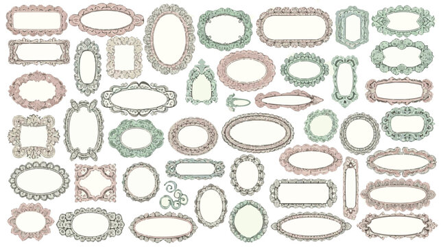 Vintage ornate frame collection, 40 decorative vector borders in pastel pink and sage green, antique filigree label set for wedding invitations and scrapbooking
