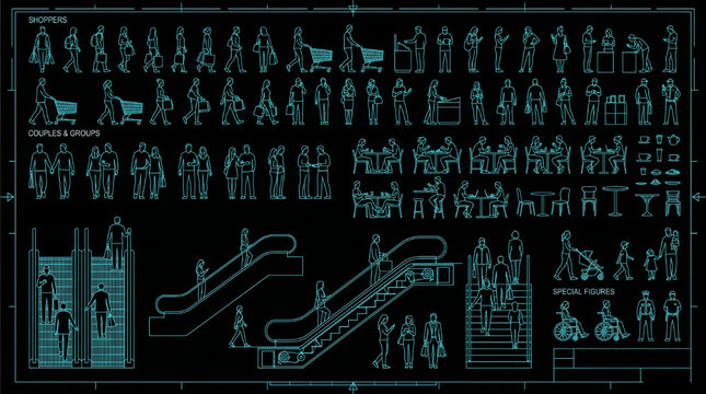 Retail Shopping People CAD Block Collection with Shoppers Couples Cafe Diners Escalator Lift and Staircase Figures Blueprint Vector Set