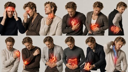 Obraz premium Man experiencing pain in different body areas displayed with red highlights. Human anatomy study showing disease, injury, and ache. Health diagnostic concept for medical examination.