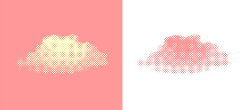 Artistic abstract cloud halftone overlay background with soft peach pink dot gradients. Textured screen printing fluffy sky element layout, isolated for modern urban retro designs.