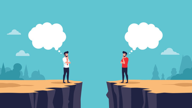 Two businessmen standing on opposite cliff edges with blank thought bubbles above their heads, symbolizing communication gaps, negotiation challenges, and differing perspectives.