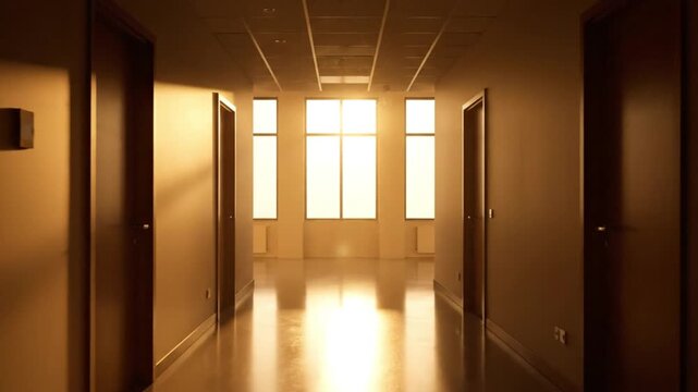 Long empty hallway with bright sunlight streaming through windows and reflecting on the floor.
