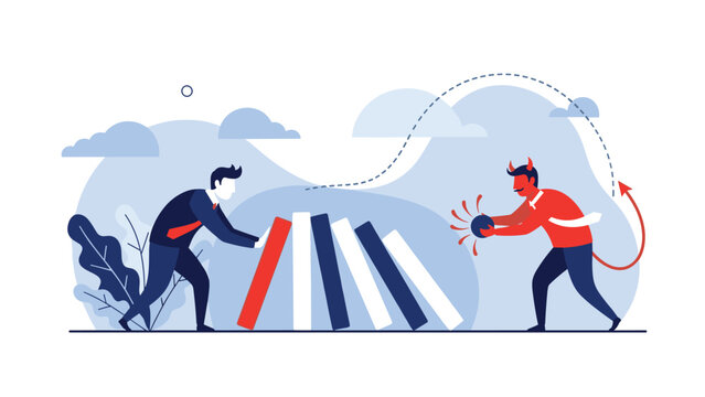 Businessman courageously pushing back falling dominoes while a devil figure hurls a destructive ball, symbolizing risk management, crisis prevention, and battling negative influences.
