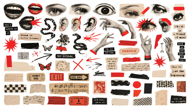 Vintage collage elements set with retro paper scraps, punk rock aesthetic stickers, hand drawn anatomical parts and grunge textures for digital scrapbooking