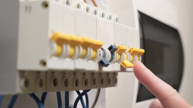 Hand clicking on failed modular circuit breakers in electrical panel box close-up, replacement required, fire hazard from short circuit in electrical wiring