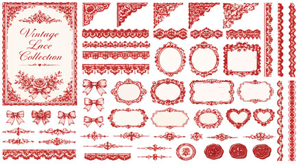 Vintage lace collection vector set, red floral borders and ornate frames, decorative wedding invitation elements, antique filigree dividers and bows © preety