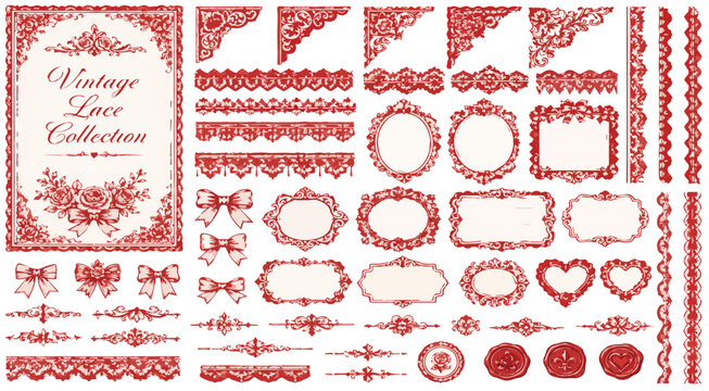 Vintage lace collection vector set, red floral borders and ornate frames, decorative wedding invitation elements, antique filigree dividers and bows