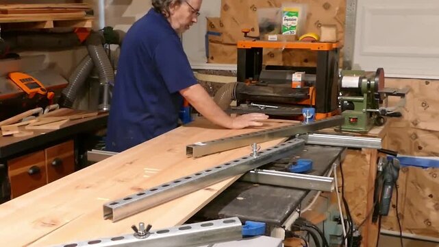 A woodworker glues wooden boards and clamps them together in a small garage workshop so the pieces bond properly during a panel glue-up.