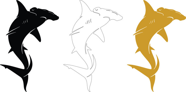 Hammerhead shark silhouette vector set line art isolated on transparent background