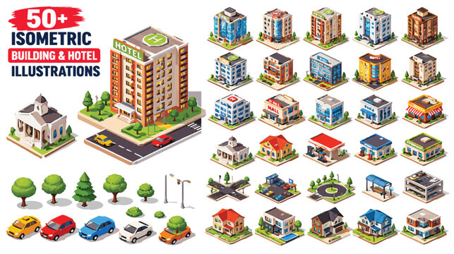 Isometric building and hotel illustrations, set of 50 plus urban architecture icons, modern city map elements for real estate and gaming