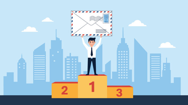 Happy businessman stands on a podium holding a giant envelope, celebrating success in email marketing or communication achievements.