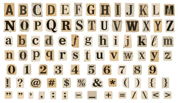 Vintage ransom note alphabet set, newspaper clipping letters and numbers, retro paper scrap typography collection for collage and anonymous messages