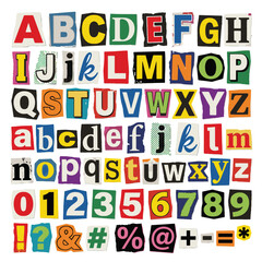 Ransom note alphabet vector set, colorful magazine cutout letters and numbers, punk style collage typography for creative design projects © preety