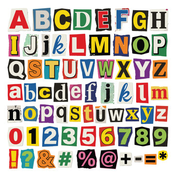 Ransom note alphabet vector set, colorful magazine cutout letters and numbers, punk style collage typography for creative design projects