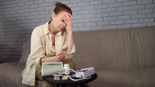 Senior woman suffering from headache and high blood pressure. Elderly woman with a headache and migraine holding pills for high blood pressure, with a blood pressure monitor on the table