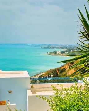 SIDI BOU SAID, TN - MAY 07, 2026: Sidi Bou Said is a town in northern Tunisia located about 20 km from the capital, Tunis. Traditional Sidi Bou Said houses. City architecture blue and white. Colourful